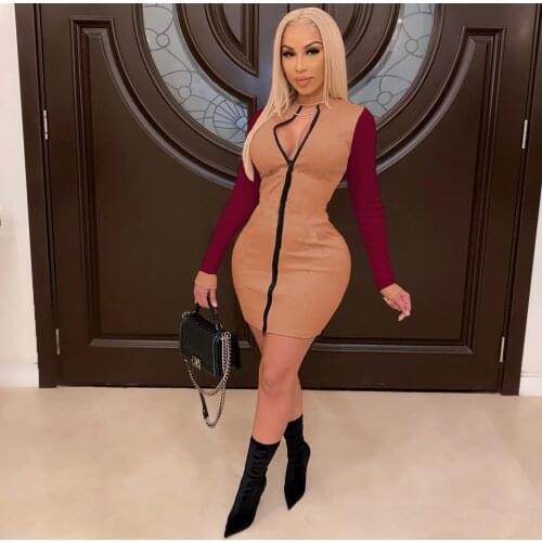 Mini Dress Elastic Long Sleeve Bodycon Elegant Women 2021 Spring Summer Sexy O-Neck Zipper Party Slim Patchwork Dresses S-4XL