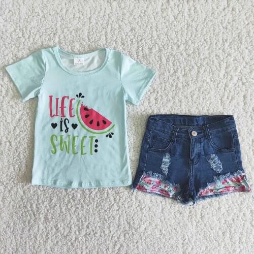 Fashion Children Summer Short Sleeve Outfit Girls Watermelon Print Shirt And Denim Shorts High Quality Ready To Ship Clothes