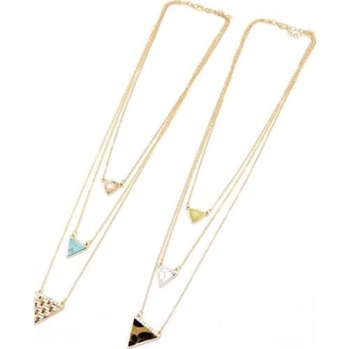 Fashion Straw Rope Braided Triangle Pendant Natural Stones Howlite Multilayers Chain Sweater Necklace Geometric Body Jewelry