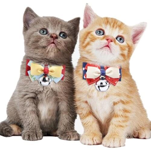 2 Pcs Fashion Printed Cats Collar With Bowknot Decor Adjustable Kitten Puppy Collar With Bells Anti-Lost Pet Cats Accessories