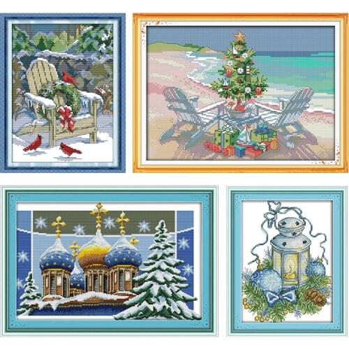 Joy Sunday Cross Stitch Kit Christmas Gift and Tree Stamped 11CT 14CT Counted Printed White Cloth DIY Embroidery Needlework Sets
