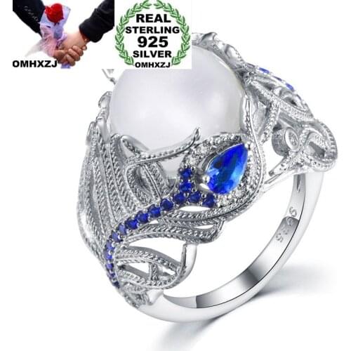 OMHXZJ Wholesale European Fashion Woman Man Party Wedding Gift White Blue Moonstone AAA Zircon S925 Sterling Silver Ring RR299
