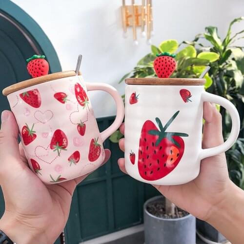 Personalized Strawberry Ceramic Mug With Lid Spoon Cute Couple Cup Creative Trend Coffee Cup Household Water Cup