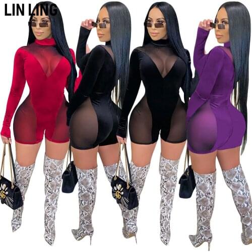 LINLING Sexy Solid Color Screen Perspective Stitching Deep V Short Jumpsuit Tight Stretch Bar Nightclub Clothing