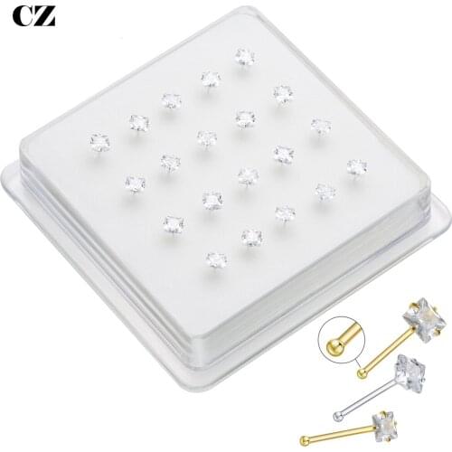 Lot Of 20Pcs Fine Jewelry CZ 925 Sterling Silver Nose Rings Nose Stud Pin Square Shape Clear Zircon Body Jewelry Piercing Nariz