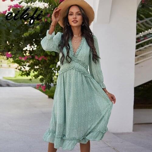 EIKFI Women All Print Ditsy Floral Boho Dress Spring Ladies Flounce Sleeve Frill Trim Deep V Neck High Waist Ruffle Hem Dress