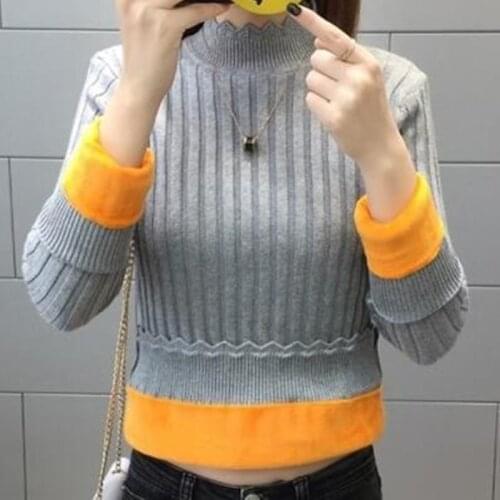 Plush sweater womens autumn and winter warm long sleeve knitwear Pullover Top thickened half high neck slim sweater turtleneck