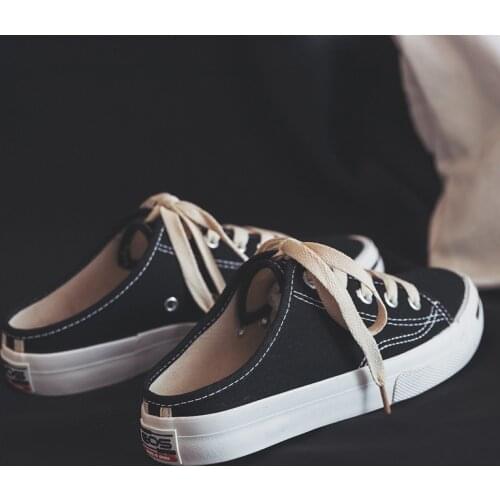 2020 spring and summer new student canvas shoes womens fashion lace-up sneakers open white shoes sandals semi-drag breathable