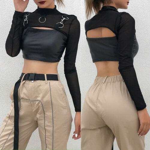 Sexy Womens Mesh Perspective Shirts See through Lace Mesh Sheer Long Sleeve Crop Top Shirt Blouse