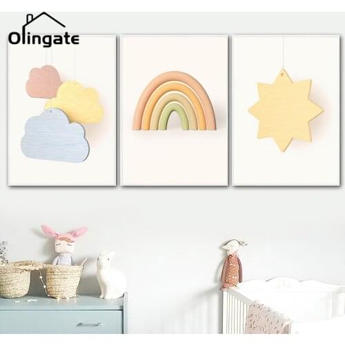 Nordic Posters and Prints Rainbow Wooden Car Star Moon Train Plane Wall Art Canvas Painting Wall Pictures Child Kids Room Decor