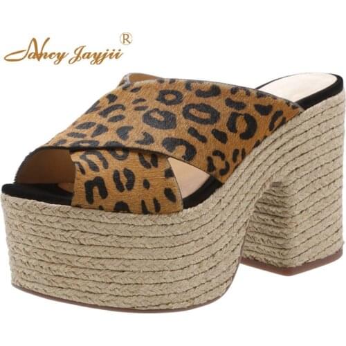Straw Espadrilles Brown Leopard High Chunky Heels Platform Sandals Woman Large Size 11 12 For Ladies Shoes Mature Dress Holidays