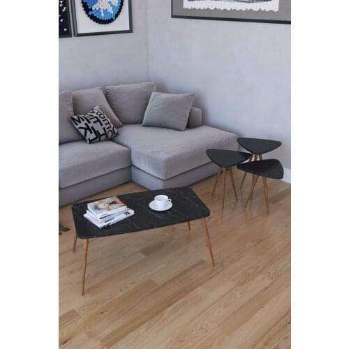 Modern 3'lü Triangle Zigon Coffee table, Serving Stand and Roman Medium Tripod-Black marble coffe table table bassee
