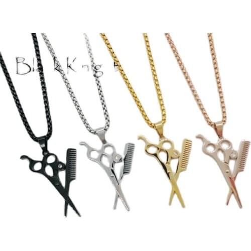 Style high polished 316L stainless steel hip hop barber tools charm necklace fashion scissors & comb necklace pendant BLKN0651
