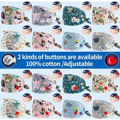 VIAOLI-Built-in Sweat towel cotton Health Check Station work scrub hat cute cartoon printing Fawn chasing butterflies scrub cap