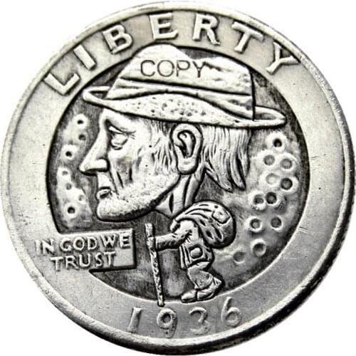 W(09)Hobo Creative 1936 Washington Quarter Dollars Skull Zombie Skeleton Hand Carved Silver Plated Silver Plated Copy Coins