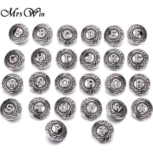 26pcs/lot New Snap Jewelry Metal Round Rhinestone Alphabet A-Z Letters 18mm Snap Buttons fit Snap Bracelet Bangles Button
