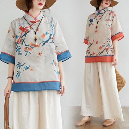 Women Chinese Style Retro Blouse Print Qipao Tops Casual Cotton Linen Shirt Traditional Hanfu Elegant Fashion Oriental Clothing