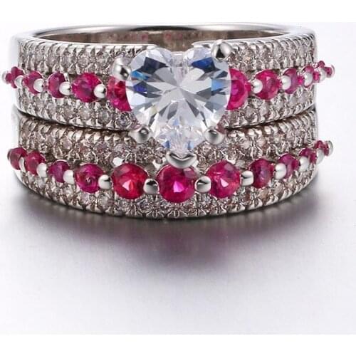 Fashion Heart Rings Set Elegant White/Rose Red Crystal Rhinestones Rings For Women Jewelry Bridal Wedding Engagement Gift