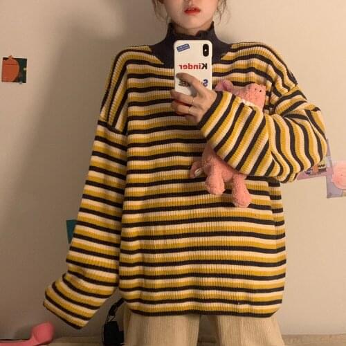 2020 Autumn and Winter Womens Knit Sweater Womens Fashion Round Neck Pullover Bottoming Long Sleeve Striped Tops