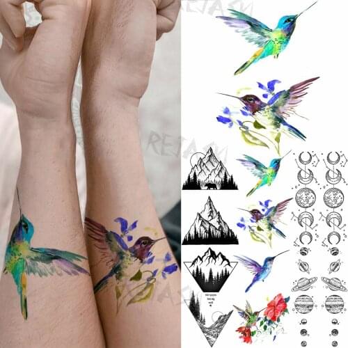3D Little Hummingbird Arm Temporary Tattoos For Women Adult Geometry Mountain Woods Planet Fake Tattoo Waterproof Body Art Tatoo
