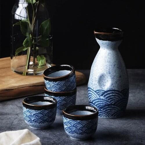 4 Sake Cups+1 Sake Pot Pottery Porcelain Japanese Style Sea Ripple Sake Wine Cup Handpainted Ceramics Handmade Sake Pot Set