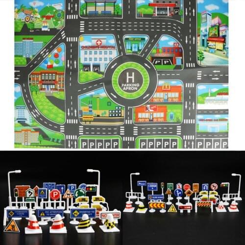 83*58CM Kids Toys City Parking Lot Roadmap Map DIY 28 Pcs Road Signs Car Model Climbing Mats Toys English Version Gift for Child