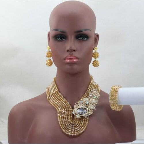 Big Full Beads Nigerian Wedding African Beads Bridal Jewelry Sets Champagne Gold Crystal Beads Necklace Set Free Shipping ALJ460