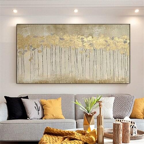 Large Size Hand Painted Modern Retro Oil Paintings On Canvas Beige Grey Gold Tree Pictures For Living Room Bedroom Wall Art