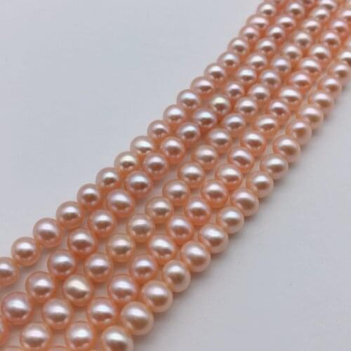 New 2pcs AAAA 6-7mm pink color nature near round freshwater pearl Loose beads 15"