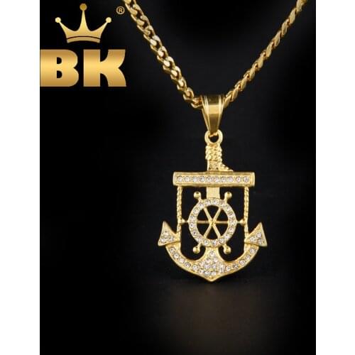 THE BLING KING Stainless Steel Anchor Pendant Necklace For Men Gold Color Nautical Steering Wheel Rudder Hiphop Jewelry