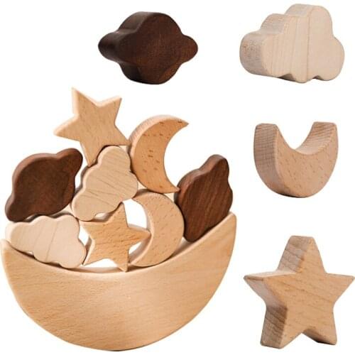 Montessori Wooden Blocks Stars Moon Stacked Blocks Wooden Toys Childrens Educational Toys Diy Baby Balance Training Constructor