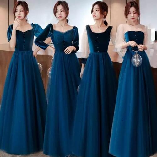 Bridesmaids Dresses Illusion V-Neck Full Pearls Pleat Tulle Lace A-Line Luxury Blue Floor-Length Women Wedding Party Gown E529