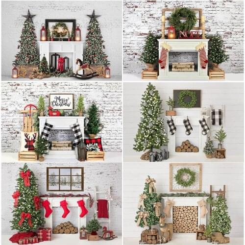 Christmas Fireplace Backdrop for Photography White Brick Wall Photo Background Studio Winter Snow Merry Christmas Backgrounds