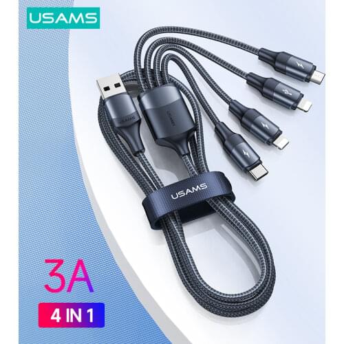 USAMS 3A 4 in 1 Micro USB Type C Micro USB Cable Fast Charging 3 in 1 Cords for iPhone 12 11 X Xs 7 8 6 6s Samsung Huawei Xiaomi