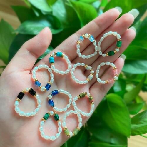 Charm Handmade Natural Stone Rings Malachite Crystal Opal Freshwater Pearl Ring Bohemian Stainless Steel Jewelry Adjustable