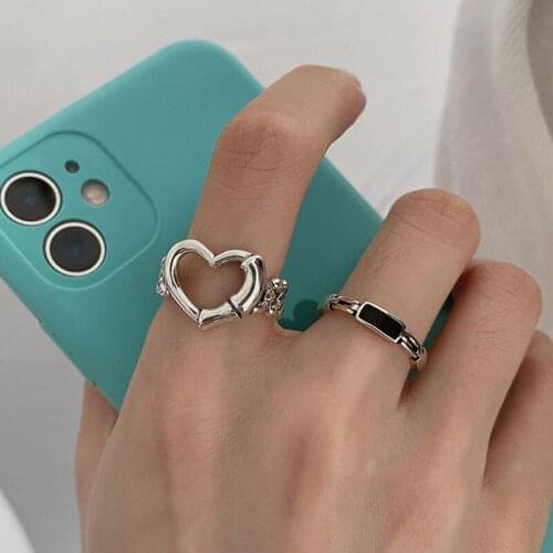 Vintage LOVE Heart Black Chains Rings Aesthetic Jewelry for Women Couples Fashion Party Adjustable Accessories Gifts Wholesale