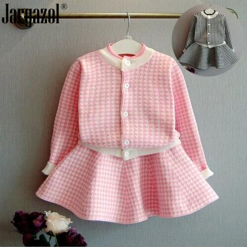 Kids Girls Winter Clothes Set Pink/black Plaid Cardigan and Skirt 2 Pcs Outfits Thick Warm Knitted Girls Clothing Suit Casual