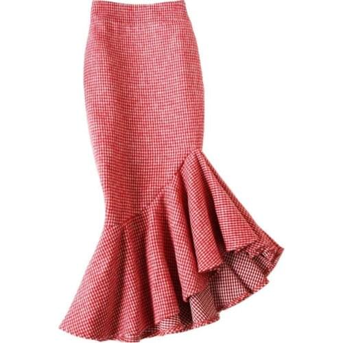 Red plaid woolen skirt autumn winter package hip fishtail skirt women high waist step mermaid trumpet skirt plus size 4XL