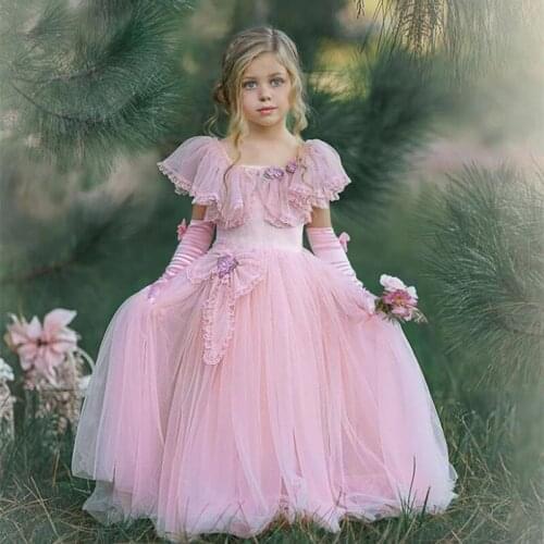 Lace applique fluffy Flower Girl Dress Half sleeve Tulle Girl Party Dress Tulle for Princess First Communion Gowns