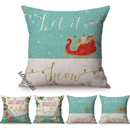 Metallic Christmas Greetings Wishes Letters Print Home Decoration Pillow Case Cartoon Christmas Tree Stocking Xmas Cushion Cover