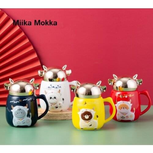 Cartoon Cute Aninal Ceramic Mug with Lid and Spoon Creative Relief Coffee Cup Tea Milk Cup Water Cup Home Drinkware