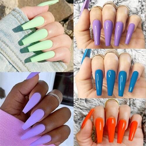 24Pcs/set Long Coffin Fake Nails With Glue Acrylic Ballerina Full Cover False Nails DIY Manicure Extension Decoration Tip