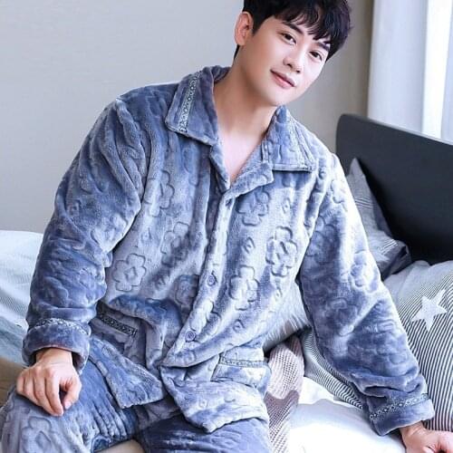 H5903 Pajama Men Thickened Flannel Coral Velvet Plus Size Long Sleeve Nightwear Suit Home Clothes Autumn Winter Male Nightwear
