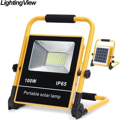 Lightingview 100W Portable Outdoor Solar Work Light Flood Light Camping Lantern with Built-in Rechargeable Lithium Battery