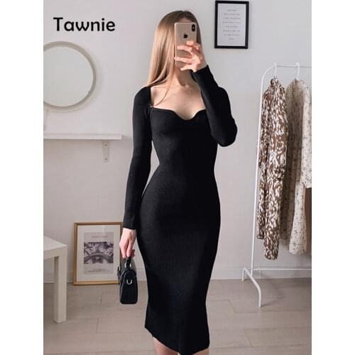 Gitana Sexy Ribbed Knitted Bodycon Dress For Women Autumn Winter Y2K Long Sleeve Midi Robe Party Dresses Female Clothing