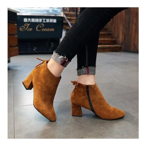 Women Ankle Boots Spring High Heels Faux Suede Plus Size Short Boot Zipper Chunky Thick Heel Shoes Ladies Casual Shoes