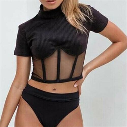 Women Sexy Turtleneck Mesh Transparent Knitted Patchwork Summer Crop Top Ladies Short Sleeve Slim T-Shirt Female Tee
