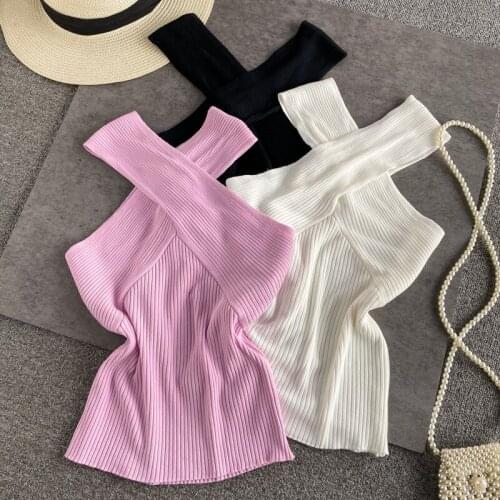 Sexy Cross Halter Knit Sweater 2021 Summer New Slim One-shoulder Short Sleeveless T-shirt Two Tops