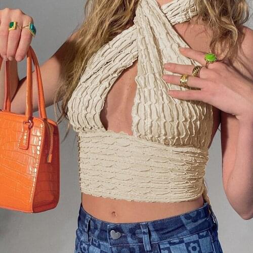 Color contrast Casual Textured Colorblock Halter Crop Top Summer Women Fashion Criss Cross Backless Sexy Beach Tank Hollow Out