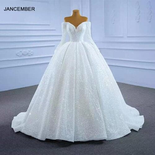 J67276 JANCEMBER White Shiny Wedding Dress Women Bridal Wedding Banquet 2021 Pearl Tassel Decoration Long Sleeve And Floor Gown